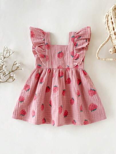 SHEIN 1pc Newly Born Baby Girls' Fruit Strawberry Print Cap Sleeve High Waist A-Line Dress, Suitable For Summer Casual Outings, Travel, Theme Parks, Picnics, Parties, Photo Shoots And Other Occasions