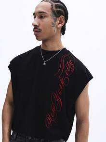 SUMWON 男士黑色纯棉背心，前后印有红色草书字体，无袖图案T恤 - 黑色 - 查看 5