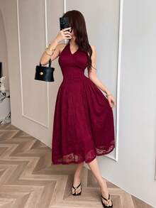 Feyla Women's Elegant Lace Backless Tie-Knot Waist Dress, Suitable For Summer, Dates And Valentine's Day - Burgundy - View 4