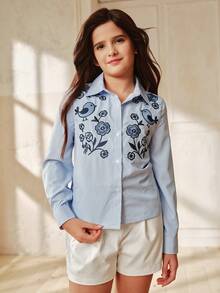 Anewsta Spring New Girls & Tween GirlsLong Sleeve Striped Embroidered Casual Blue Shirt - Blue - View 5