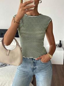 Siren Gaze 女士条纹圆领蝙蝠袖修身T恤，夏季 - 軍綠色 - 查看 7
