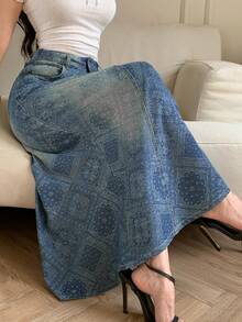 DAZY 女士休闲水洗碎花牛仔迷你裙，春夏款 - 中等水洗藍 - 查看 5