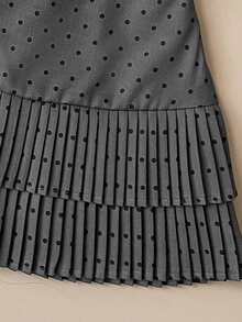 Muvela Spring/Summer New Black Polka Dot Print Grey Pleated Layered Hem A-Line Skirt, Retro Academic Chic Commuter Wear - Grey - View 3