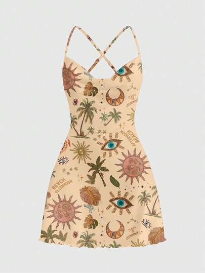 ROMWE Fairycore Low-Cut Plunging Neckline Sexy Sun Moon Star Hippie Mysterious Eye Print Vacation Dress For Women