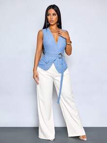 SOLERSUN Sexy And Elegant Women's Casual Denim Blue Suit Vest/Thin Jacket, Old Money Style, Suitable For Spring And Summer. - Blue - View 3