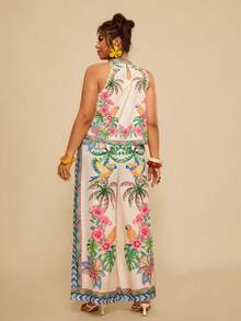 Travachic 2件套加大码碎花夏季立领无袖蕾丝边上衣和裤子套装 女装夏季服装 女装夏季套装 - 杏色 - 查看 2