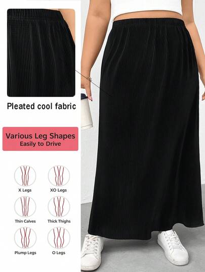 Shapeblank Plus-Size Women's Spring/Summer Fashionable Casual Loose Comfortable Cool Everyday Pleated Elastic Waist Black Long Skirt,Women Bottom,Summer Outfits,Simple Style