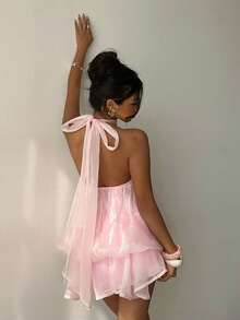 Aloruh Women's Elegant Light Yellow Halter Tie Mini Dress - Baby Pink - View 8