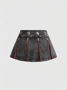 ROMWE J-Fashion Váy ngắn denim dáng chữ A cạp siêu thấp, gợi cảm, phong cách retro Y2K dành cho nữ, phối nhiều mảnh vải, kiểu sinh viên đại học. - màu đen - Xem 2