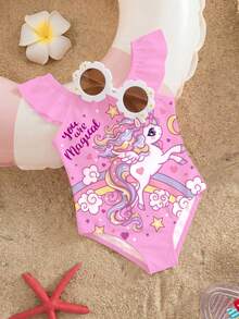 SHEIN Baby Girls' Casual Minimalist Fitted One-Piece Swimsuit, Suitable For Summer - Multicolor - View 1