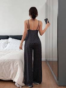 SHEIN Napfluff 舒适波点印花刺绣蕾丝蝴蝶结吊带女士睡衣套装 - 黑色 - 查看 3