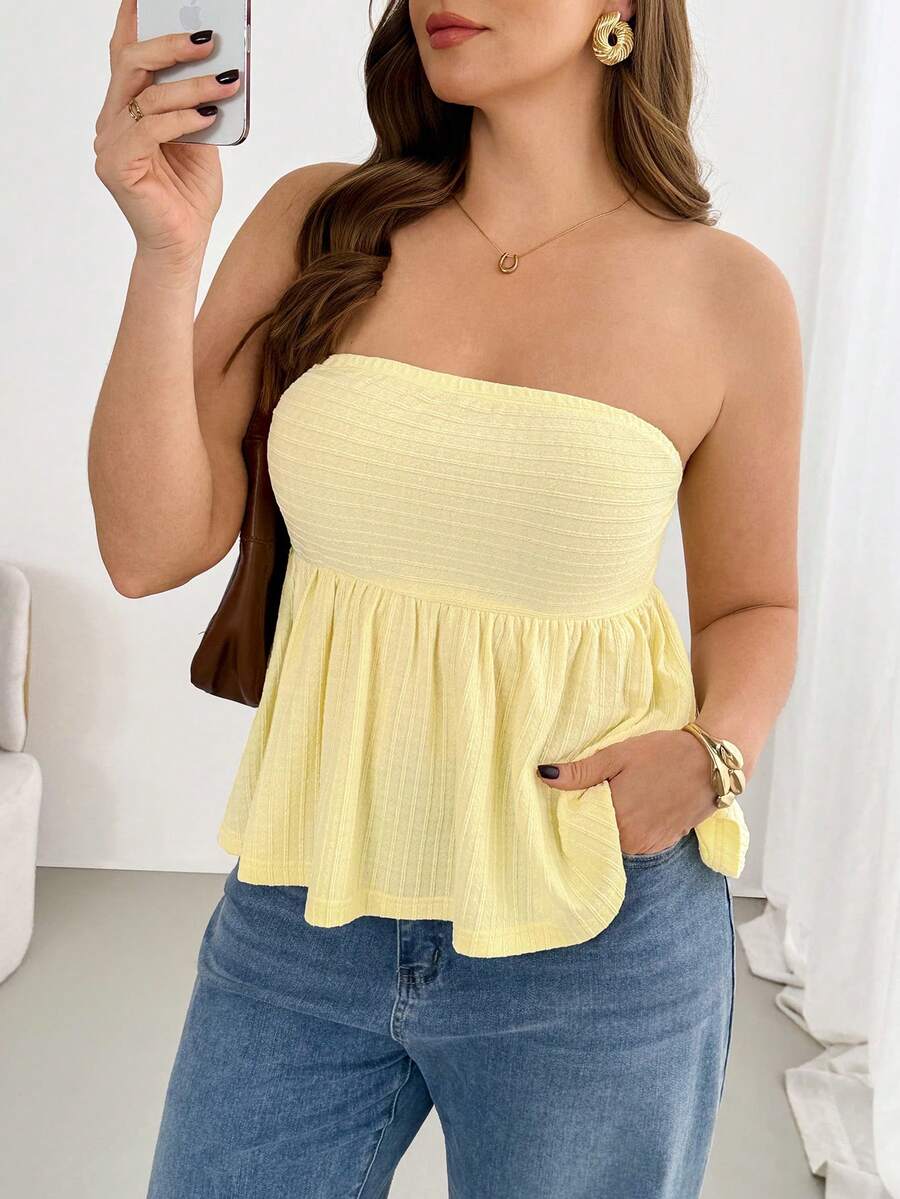 SHEIN Essnce Áo quây màu vàng nhạt dành cho nữ cỡ lớn, thời trang xuân/hè, chất liệu co giãn, thoải mái, cơ bản, đa năng, tôn dáng, vải có họa tiết, thích hợp mặc hàng ngày, trang phục mùa hè, áo đi chơi, trang phục đi nghỉ mát, quần áo dễ thương cho người có đường cong quyến rũ. - Màu vàng - Xem 1