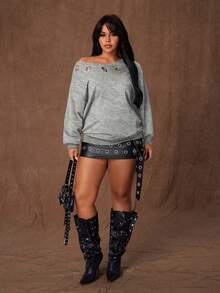 Rustia 黑色镂空朋克极简百搭宽松露肩长袖卫衣，加大码 - 灰色 - 查看 3