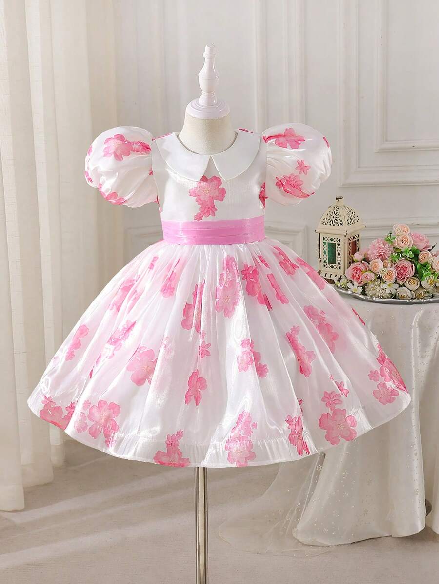 Glamorique Kids Petal Puff Sleeve Ruffle Princess Dress With Floral Decor,Sweet Puffy Pink Party Dress - Pink - View 1