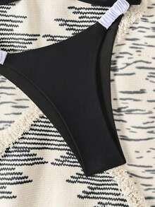 Bonvoyette Black & White Contrast Color Bikini Set, Shoulder Strap Pleated Front With Metal Back Accessory - Black and White - View 6