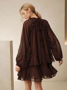 Anewsta Vestido de gasa de lujo de manga larga con pliegues y volantes elegantes de color marrón para mujer - Marrón - Ver 3