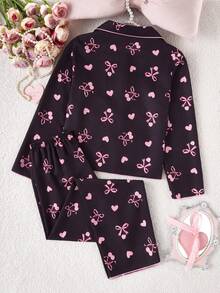 Genkimix Kids School Girl Pajamas Set For Tween GirlsBlack With Cherry & Heart Print Long Pants And Cardigan, Long Sleeve Casual 2-Piece Loungewear - Black - View 2