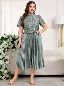 SHEIN Clasi Đầm thanh lịch cổ tròn tay ngắn xếp ly họa tiết hoa jacquard dành cho nữ cỡ lớn - Màu xanh Bạc hà - Xem 14