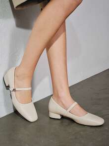 女士3厘米布面包跟黑色时尚百搭藏蓝色、咖啡色、酒红色低跟粗跟优雅玛丽珍平底鞋 - 杏色 - 查看 1