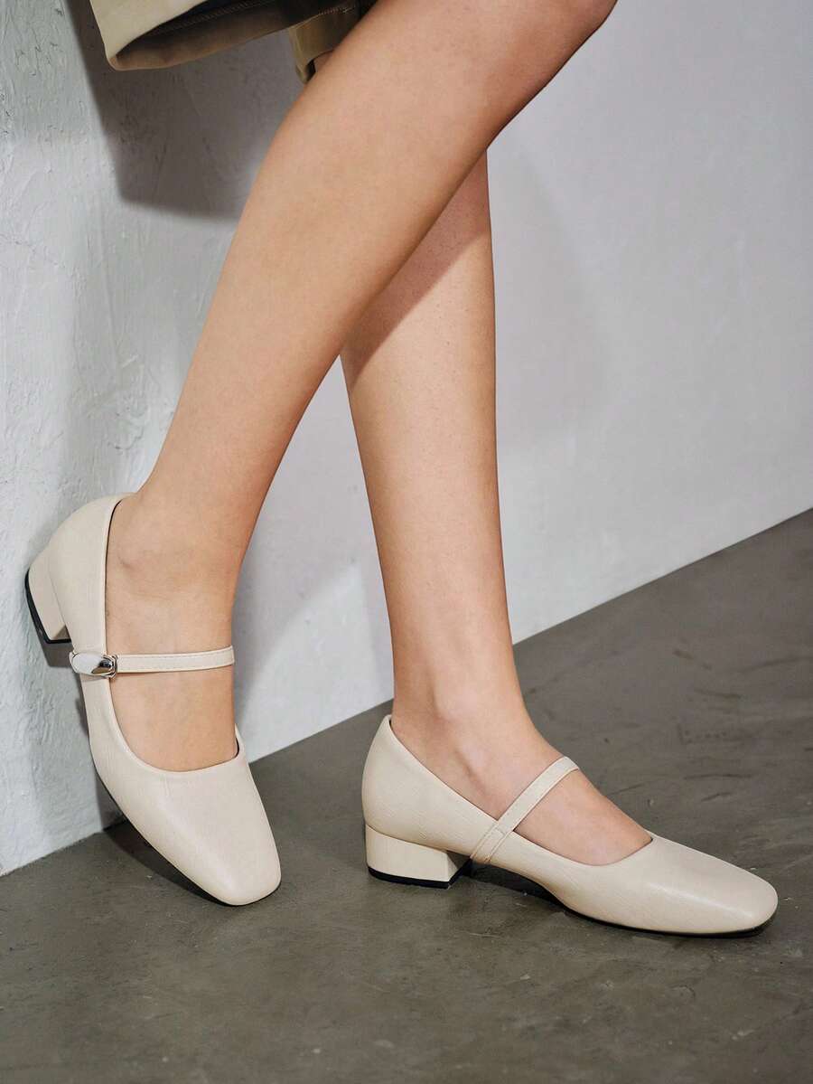 女士3厘米布面包跟黑色时尚百搭藏蓝色、咖啡色、酒红色低跟粗跟优雅玛丽珍平底鞋 - 杏色 - 查看 1