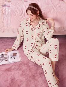 Bonmuse 22pcs Valentine's Day Heart Print Long Sleeve Top And Pants Pajama Set, Casual Loose Fit Homewear Suitable For Indoor And Outdoor, Spring/Summerfor Summer - Multicolor - View 7