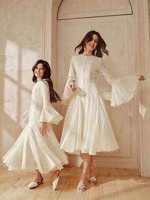 Anewsta Sweet Apricot Color Dress, Round Neck Long Sleeve Cute Girl Dress, Summer - Apricot - View 6