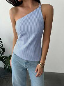 Firerie Áo kiểu dáng thanh lịch màu mơ nhạt bằng vải lanh, vạt bất đối xứng, eo nhún bèo, hở lưng, thích hợp cho mùa xuân/hè. - Xanh và trắng - Xem 5