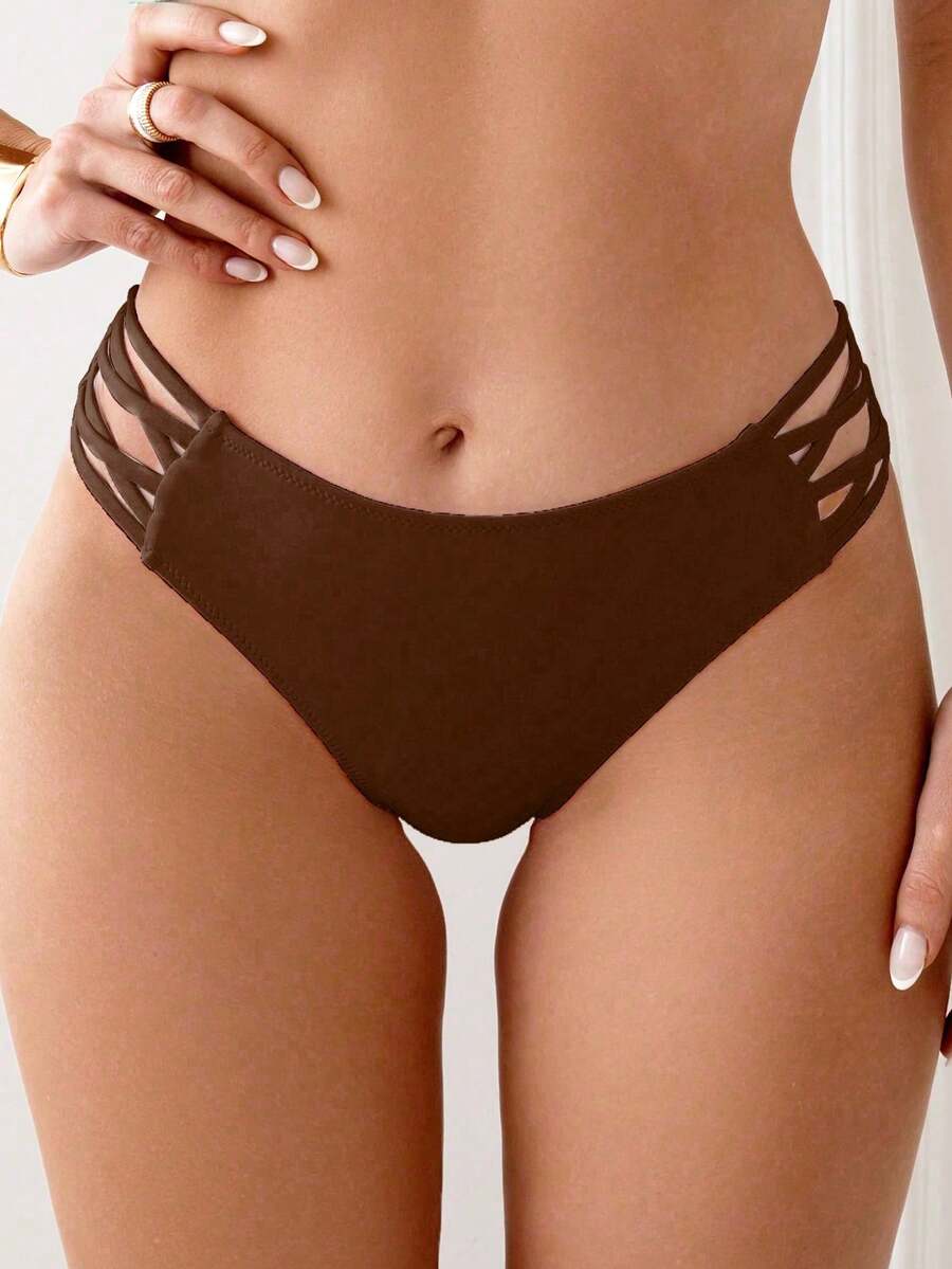 Swim Vcay Women's Summer Beach Solid Color Side Hollow Design Bikini Bottom - Brown - View 1