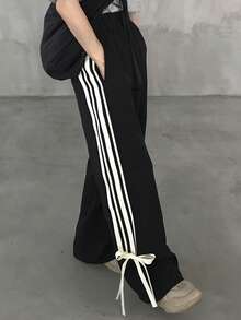FRIFUL Celana Kasual Olahraga Wanita Motif Garis-Garis Patchwork dengan Pinggang Elastis - Hitam - View 7