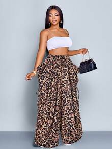 SOLERSUN Quần ống rộng dáng suông, cạp chun, họa tiết da báo, cỡ lớn, in hình báo đốm, kiểu dáng thoải mái, đa năng, thích hợp cho lễ hội âm nhạc. - màu nâu - Xem 4