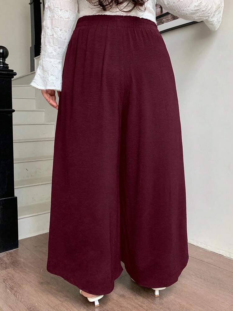 Dazy Plus Elastic Waist Solid Color Wide Leg Pants/Culottes, Burgundy, All Season, Plus Size Women