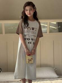 Dazy Kids Tween Girls Colorblock Print Short Sleeve Knit Nightgown Loungewear Summer - Brown - View 5