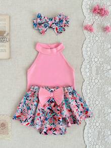 SHEIN Baby Girl Solid Color & Graphic Print Bow Decor Skirt Set - Pink - View 10