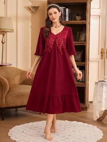 SHEIN Women's Retro Luxury Nightgown Dress, Embroidered Beaded Butterfly Collar, Long Loose Half Sleeve Ruffle Hem, Comfortable Spring/Summer - Burgundy - View 4