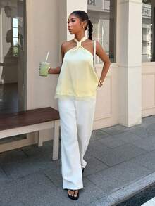 Muchica Women's Summer New Cream Yellow Satin Contrast Lace Trim Halter Top - Yellow - View 5