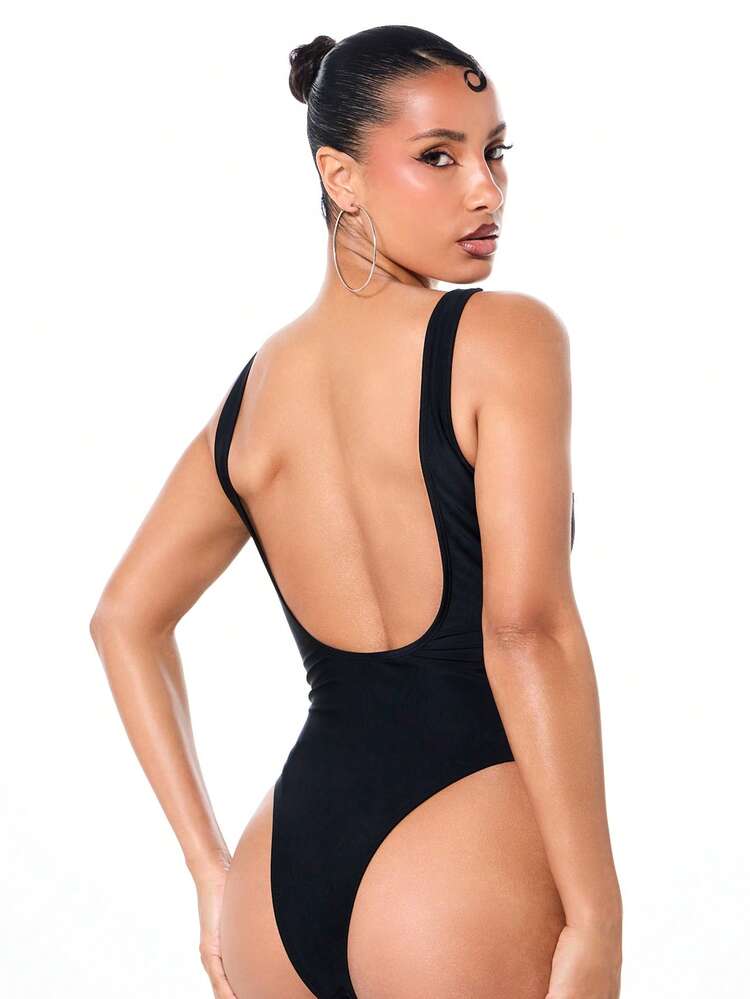 BABYPHAT Scoop Neck One Piece Swimsuit With Abstract Line Art Print High Cut Legs Black Bathing Suit Summer Beach Pool Vacation Women