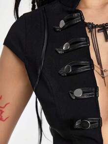 ROMWE Grunge Punk 朋克风金属扣深V领修身女式衬衫 - 黑色 - 查看 7