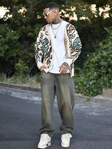 Devon Thys 男女皆宜的休闲宽松恐龙字母图案V领纽扣开衫毛衣，街头风，适合春、秋、冬季穿着。 - 杏色 - 查看 5