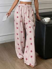 DAZY Quần pajama dài ống rộng dáng suông in họa tiết sọc và sao dành cho nữ - Màu Đỏ Sâu - Xem 4