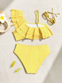 Conjunto de bikini casual de verano con rayas y volantes para adolescentes - Amarillo - Ver 2
