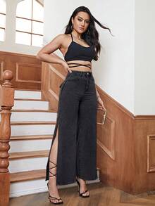 SHEIN Essnce Quần jean denim cạp cao xẻ tà bên hông, kiểu dáng thường ngày. - màu đen - Xem 6