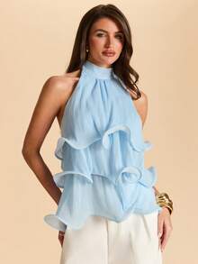 SHEIN BAE Blue Sleeveless Ruched Ruched Hem Camisole Top, Blue Summer Shirt, Pleated Blouse - Blue - View 7