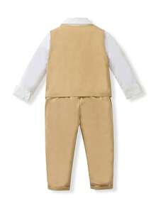 SHEIN 4-7岁男童马甲长裤两件套，无袖马甲采用斜条纹编织纹理，圣诞红色，带口袋；搭配同款斜条纹圣诞红色纹理长裤，优雅的马甲套装适合各种场合，如春、秋、冬三季的晚宴、生日、节日等，是男士必备的绅士装扮。 - 卡其色 - 查看 2