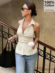 Siren Gaze Women's Sleeveless Halter Backless Blouse, Casual Summer 100% Cotton Shirt, Office Lady Wear, Linen Clothing - Apricot - View 5