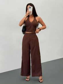 SHEIN PETITE 两件套女士纯色圆领落肩长袖休闲针织纹理套装，棕色，女士冬季毛衣，秋季女装，秋季女装，秋装，冬季套装，休闲女装，棕色套装，女士两件套家居服，舒适两件套，长袖套装，两件套女士舒适棕色优雅套装 - 棕色 - 查看 11