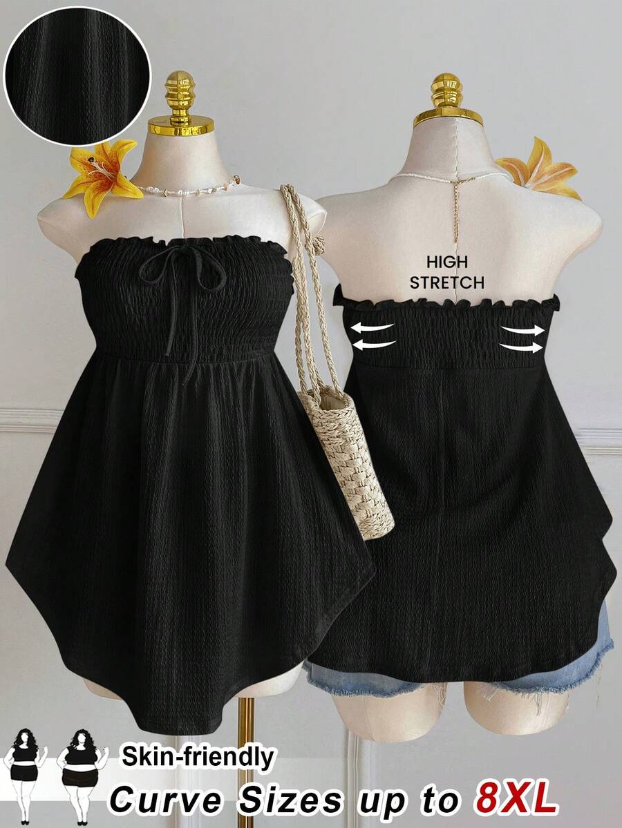 SHEIN CURVE+ Áo kiểu dáng US22, chất liệu vải dày dặn, thích hợp cho lễ hội âm nhạc, kỳ nghỉ bên bờ biển, phong cách Bohemia. Áo không tay, cổ buộc dây, bèo nhún, vạt bất đối xứng, viền ren, màu đen, thích hợp cho mùa xuân/hè.