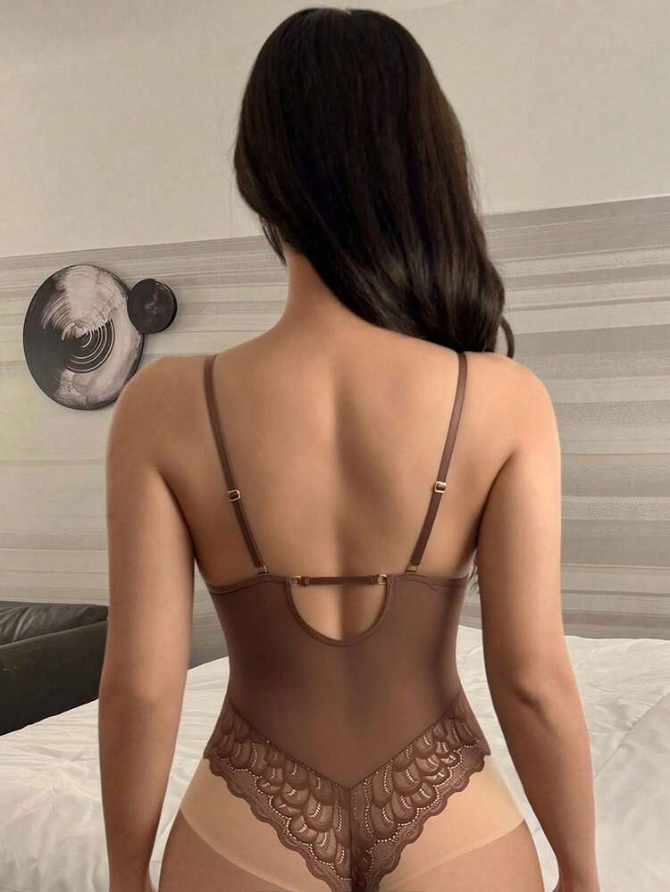 Spaghetti Strap Lace Sheer Deep V-Neck Backless Jumpsuit For Women