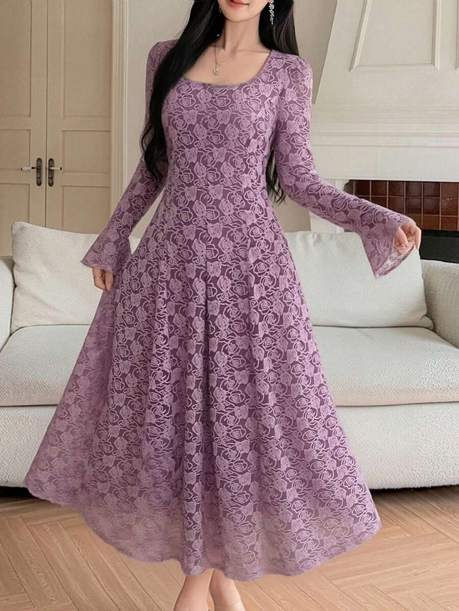 DAZY Đầm midi nữ thanh lịch với họa tiết hoa, tay bồng, thích hợp cho mùa xuân/hè. - Màu tím - Xem 1