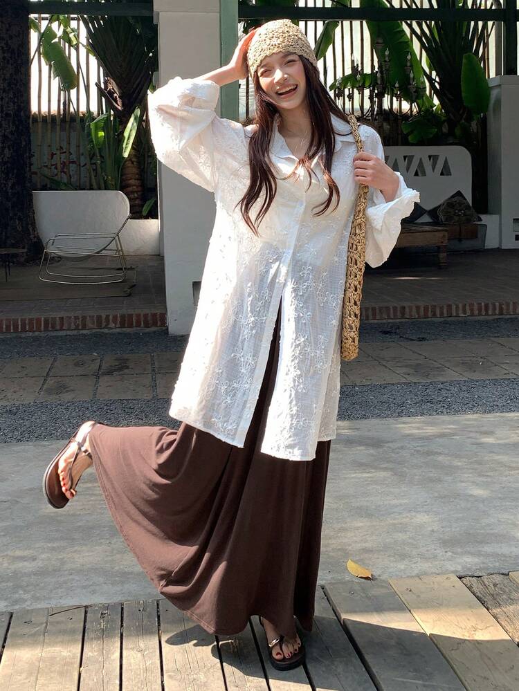 Women's Solid Color Front Button White Long Sleeve Top And Brown Pleated Skirt Elegant 2-Piece Set