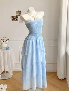 Comfortcana 女士夏季沙滩度假纯色褶皱上身多层下摆抹胸长裙 - 藍色 - 查看 4